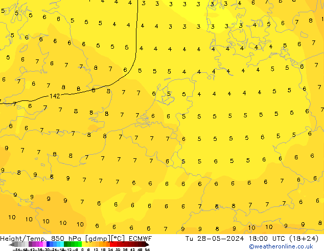 Geop./Temp. 850 hPa ECMWF mar 28.05.2024 18 UTC