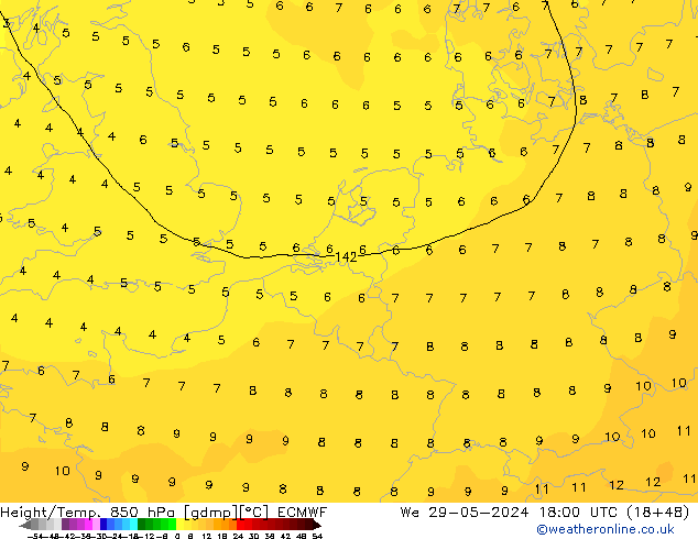 Height/Temp. 850 hPa ECMWF Mi 29.05.2024 18 UTC