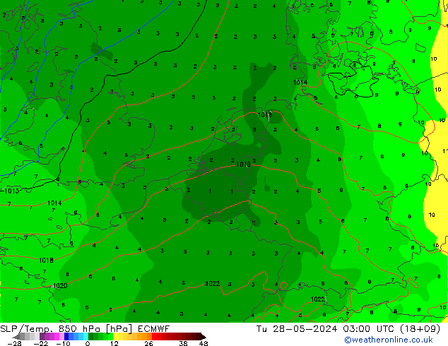 SLP/Temp. 850 hPa ECMWF Út 28.05.2024 03 UTC