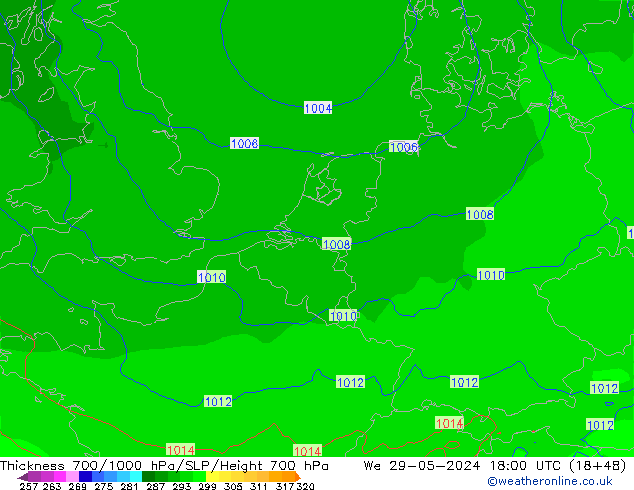 Schichtdicke 700-1000 hPa ECMWF Mi 29.05.2024 18 UTC