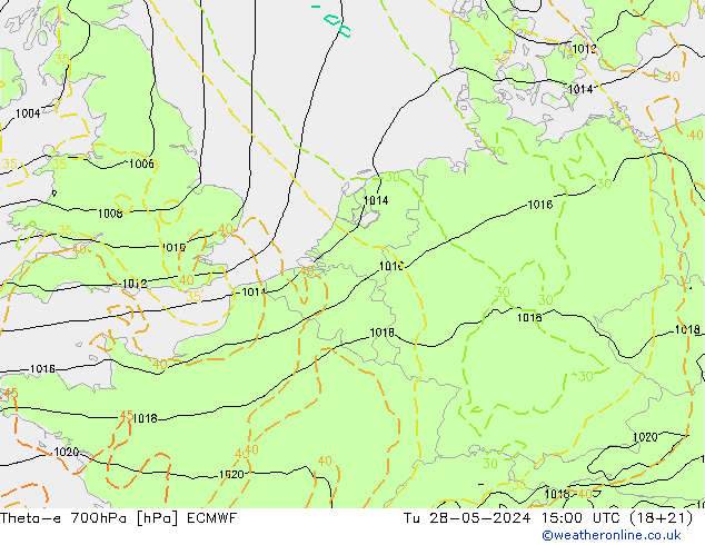 Theta-e 700hPa ECMWF mar 28.05.2024 15 UTC