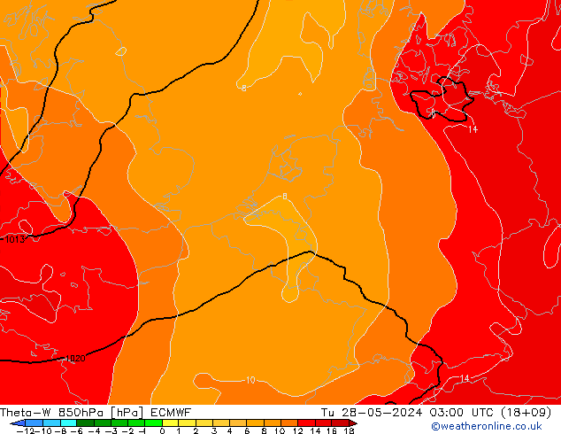 Theta-W 850гПа ECMWF вт 28.05.2024 03 UTC