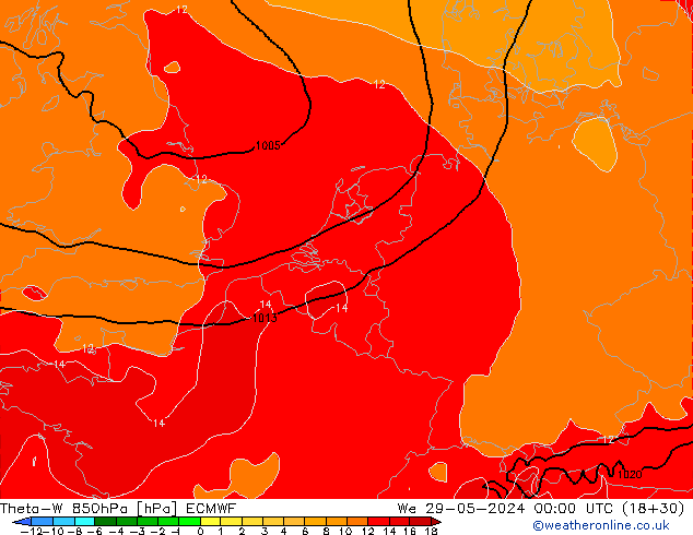 Theta-W 850hPa ECMWF mer 29.05.2024 00 UTC