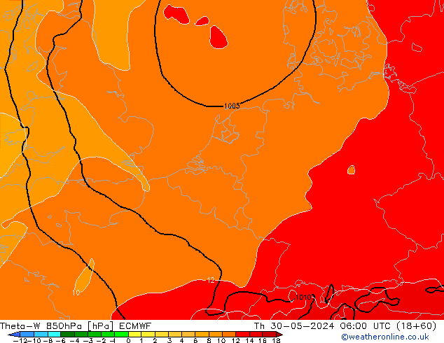 Theta-W 850hPa ECMWF do 30.05.2024 06 UTC