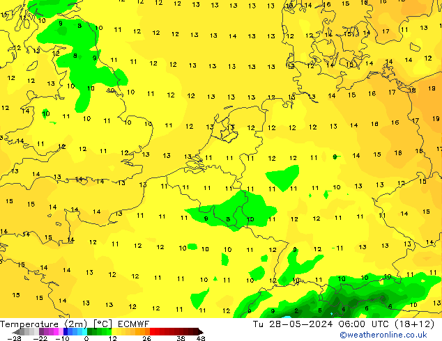 Temperature (2m) ECMWF Út 28.05.2024 06 UTC