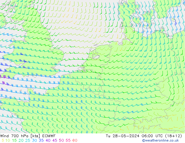 Wind 700 hPa ECMWF Út 28.05.2024 06 UTC