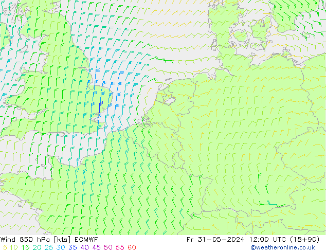 wiatr 850 hPa ECMWF pt. 31.05.2024 12 UTC