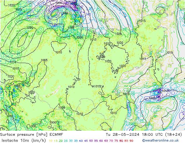 Isotachs (kph) ECMWF  28.05.2024 18 UTC