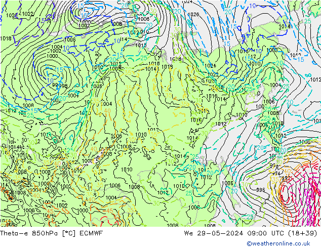 Theta-e 850hPa ECMWF We 29.05.2024 09 UTC