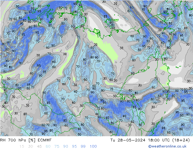 RH 700 hPa ECMWF  28.05.2024 18 UTC