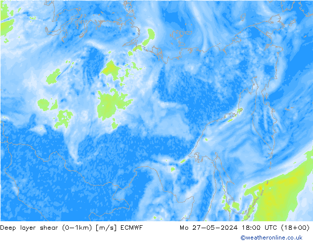 Deep layer shear (0-1km) ECMWF Mo 27.05.2024 18 UTC