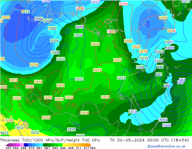 Thck 700-1000 hPa ECMWF Th 30.05.2024 00 UTC