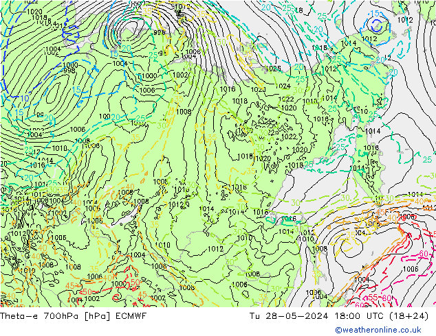 Theta-e 700hPa ECMWF Út 28.05.2024 18 UTC