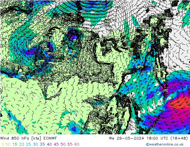 Wind 850 hPa ECMWF Mi 29.05.2024 18 UTC