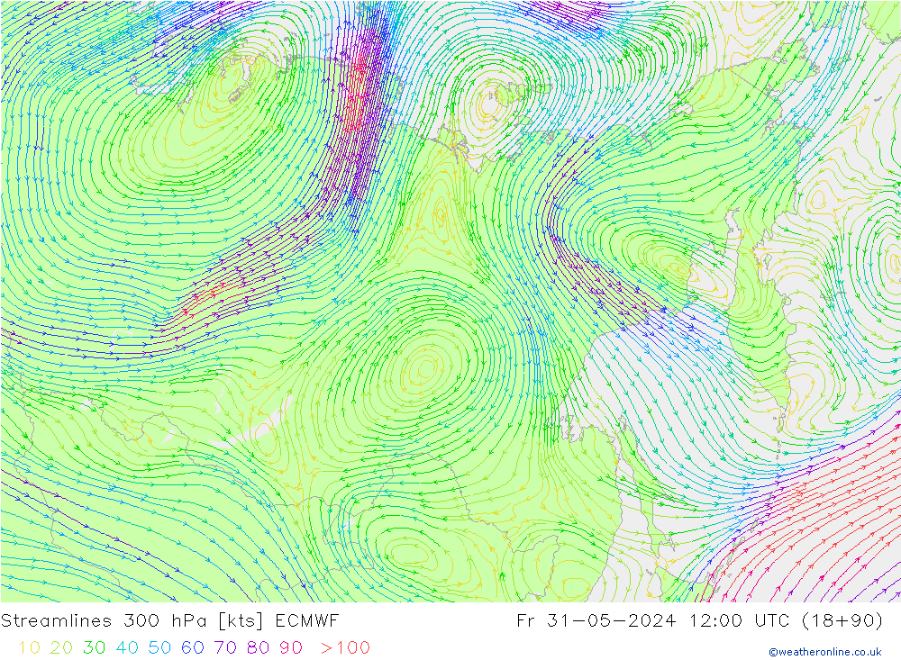 Ligne de courant 300 hPa ECMWF ven 31.05.2024 12 UTC