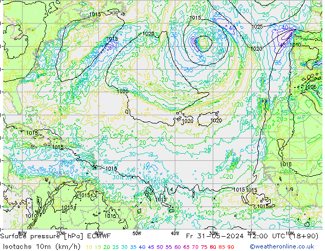 Isotachs (kph) ECMWF Fr 31.05.2024 12 UTC