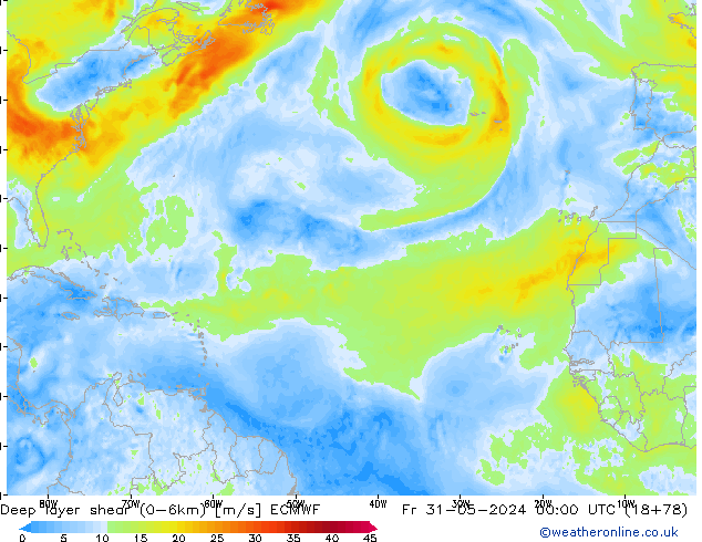 Deep layer shear (0-6km) ECMWF ven 31.05.2024 00 UTC