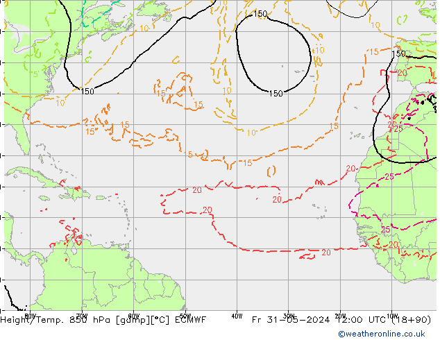 Height/Temp. 850 гПа ECMWF пт 31.05.2024 12 UTC