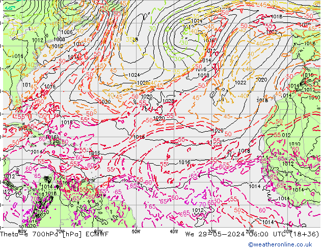 Theta-e 700hPa ECMWF We 29.05.2024 06 UTC