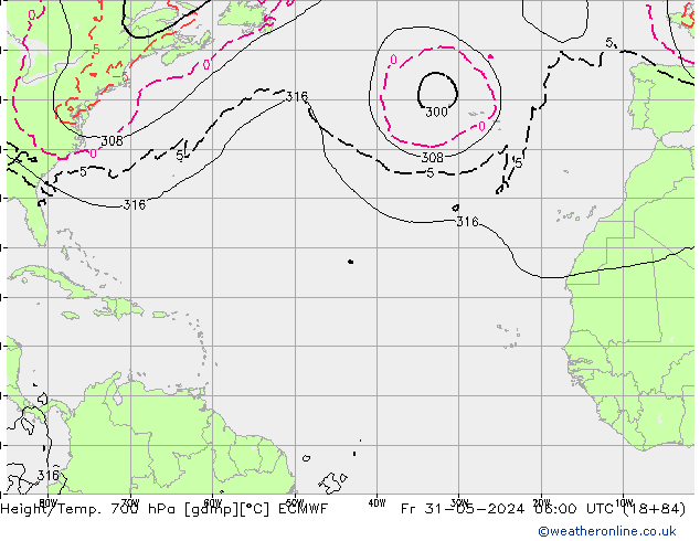 Height/Temp. 700 hPa ECMWF Fr 31.05.2024 06 UTC