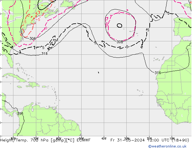 Height/Temp. 700 гПа ECMWF пт 31.05.2024 12 UTC