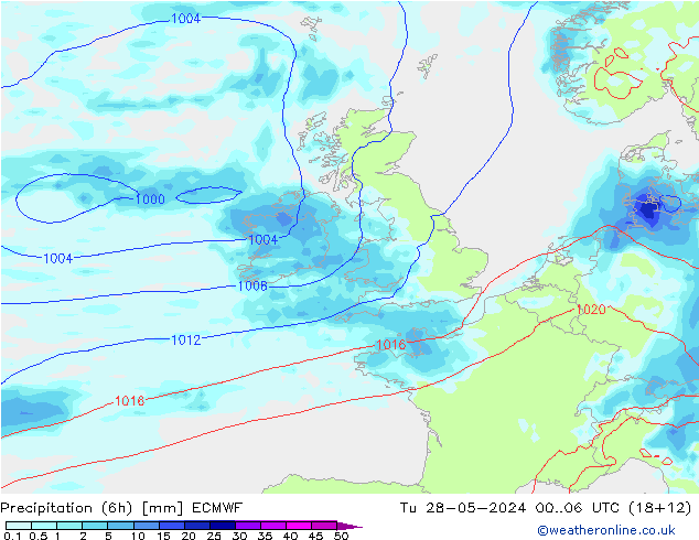 Precipitation (6h) ECMWF Tu 28.05.2024 06 UTC