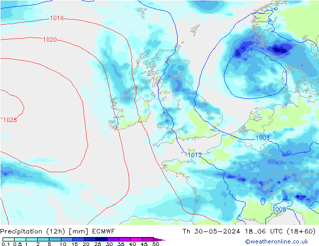 Precipitation (12h) ECMWF Th 30.05.2024 06 UTC