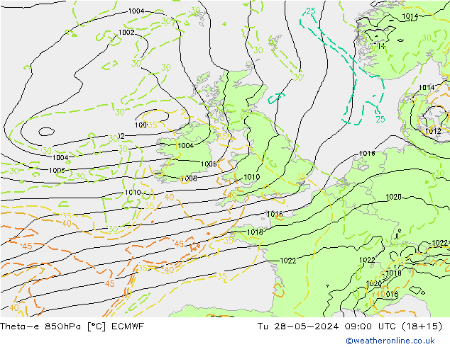 Theta-e 850hPa ECMWF Út 28.05.2024 09 UTC