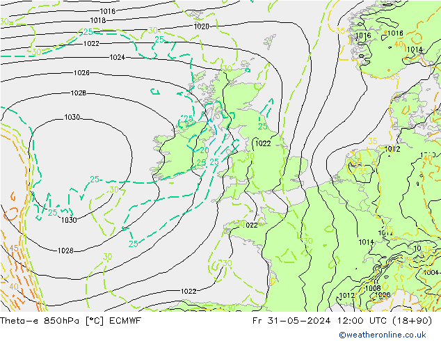 Theta-e 850гПа ECMWF пт 31.05.2024 12 UTC