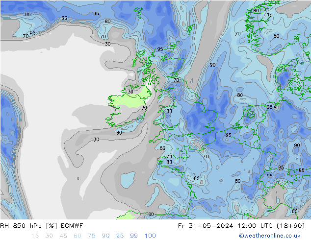 RH 850 hPa ECMWF Pá 31.05.2024 12 UTC