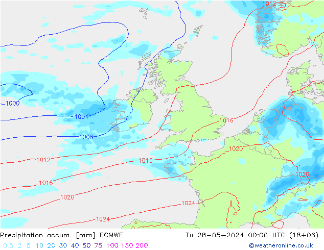 Precipitation accum. ECMWF вт 28.05.2024 00 UTC