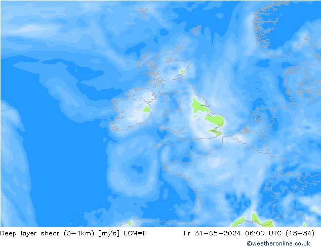 Deep layer shear (0-1km) ECMWF vie 31.05.2024 06 UTC