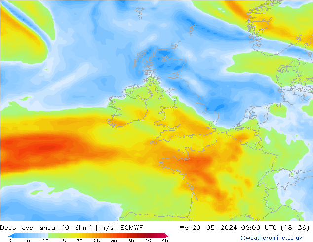 Deep layer shear (0-6km) ECMWF We 29.05.2024 06 UTC