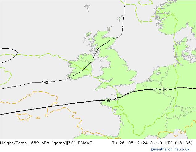 Height/Temp. 850 hPa ECMWF Di 28.05.2024 00 UTC