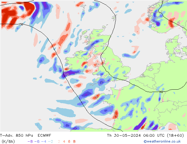 T-Adv. 850 hPa ECMWF Th 30.05.2024 06 UTC