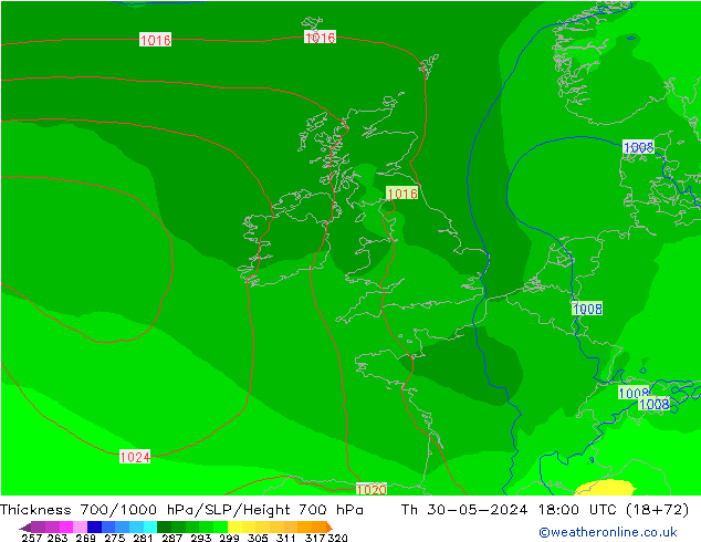 Thck 700-1000 hPa ECMWF Th 30.05.2024 18 UTC