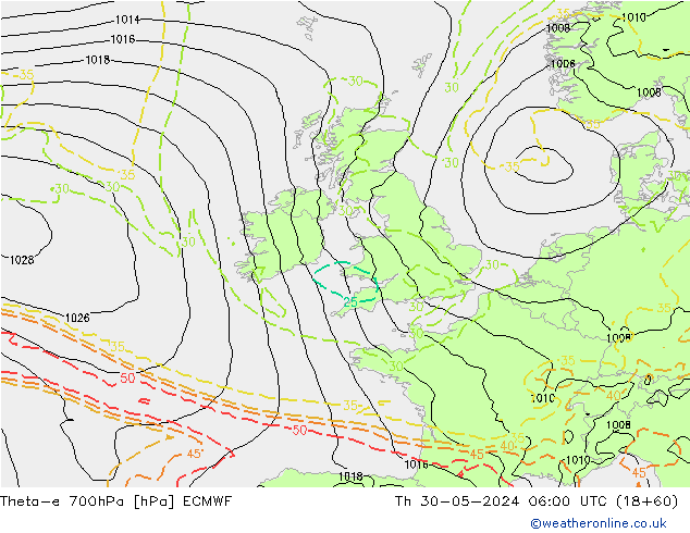 Theta-e 700hPa ECMWF Th 30.05.2024 06 UTC