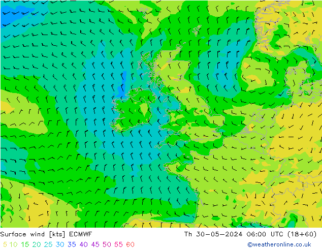 Surface wind ECMWF Čt 30.05.2024 06 UTC