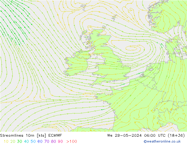 Streamlines 10m ECMWF We 29.05.2024 06 UTC