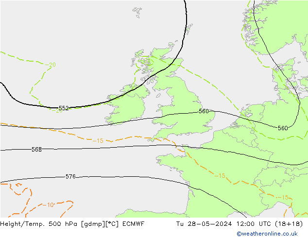 Height/Temp. 500 hPa ECMWF Di 28.05.2024 12 UTC