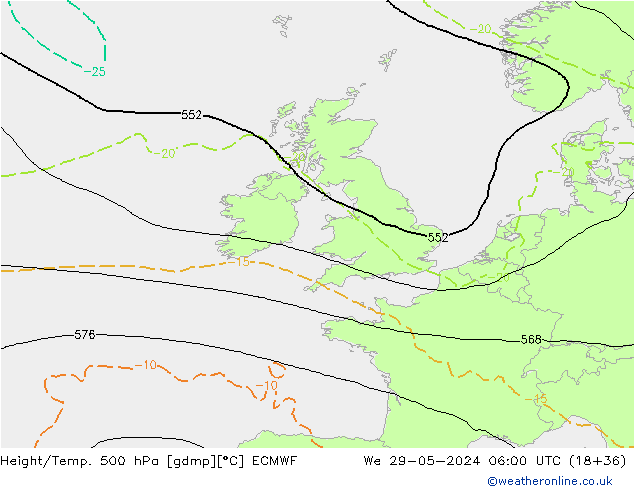 Z500/Rain (+SLP)/Z850 ECMWF mer 29.05.2024 06 UTC