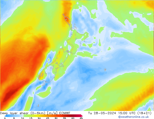 Deep layer shear (0-6km) ECMWF Tu 28.05.2024 15 UTC