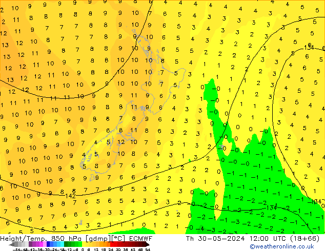 Z500/Rain (+SLP)/Z850 ECMWF czw. 30.05.2024 12 UTC