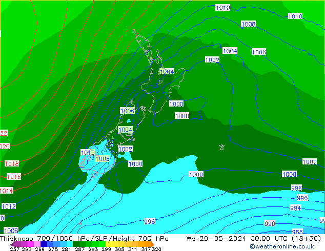 Thck 700-1000 hPa ECMWF mer 29.05.2024 00 UTC