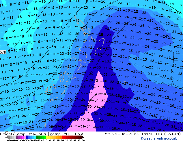 Z500/Rain (+SLP)/Z850 ECMWF We 29.05.2024 18 UTC