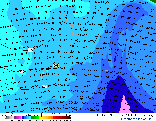 Z500/Rain (+SLP)/Z850 ECMWF czw. 30.05.2024 12 UTC