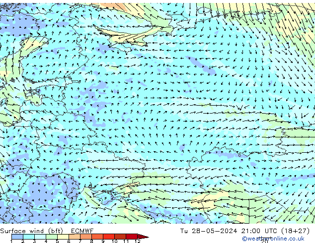 Vent 10 m (bft) ECMWF mar 28.05.2024 21 UTC