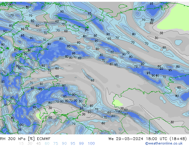 RH 300 hPa ECMWF Mi 29.05.2024 18 UTC