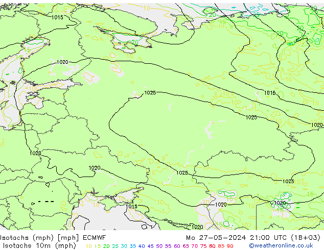 Isotachs (mph) ECMWF lun 27.05.2024 21 UTC