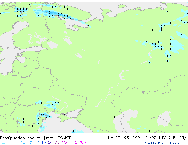 Precipitation accum. ECMWF pon. 27.05.2024 21 UTC